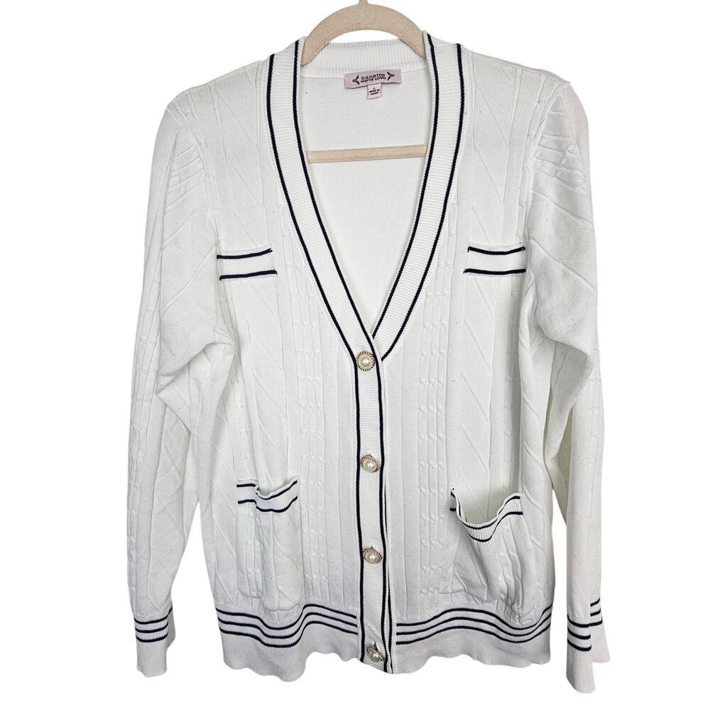 Nanette Lepore Womens Cable Knit Cardigan Sweater L Academia Preppy Schoolgirl